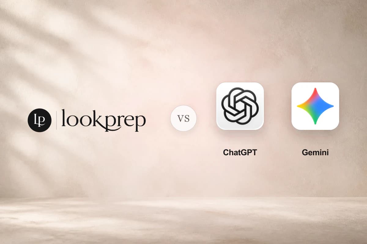 The official LookPrep lockup, a VS marker, and the official ChatGPT and Gemini app icons with their names on a softly lit neutral editorial background