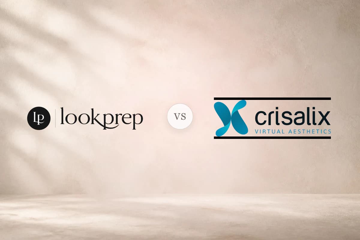 The official LookPrep lockup, a VS marker, and the official Crisalix wordmark on a softly lit neutral editorial background