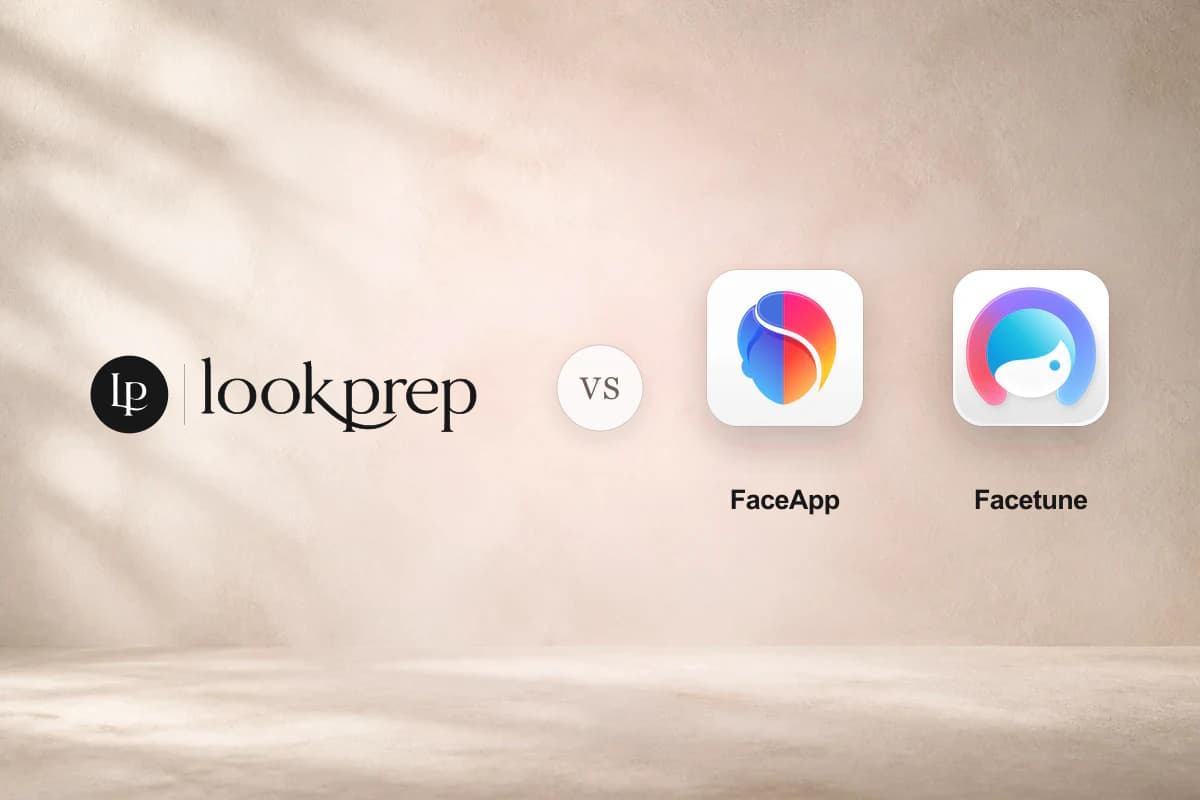 The official LookPrep lockup, a VS marker, and the official FaceApp and Facetune app icons with their names on a softly lit neutral editorial background
