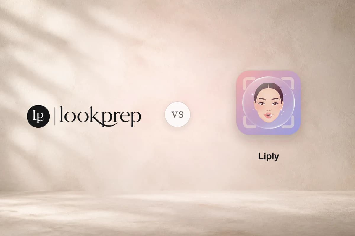 The official LookPrep lockup, a VS marker, and the official Liply app icon with its name on a softly lit neutral editorial background