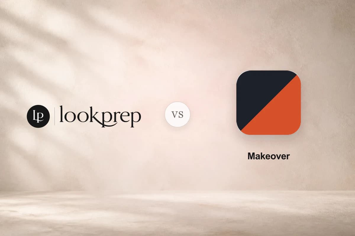 The official LookPrep lockup, a VS marker, and the official Makeover icon with its name on a softly lit neutral editorial background