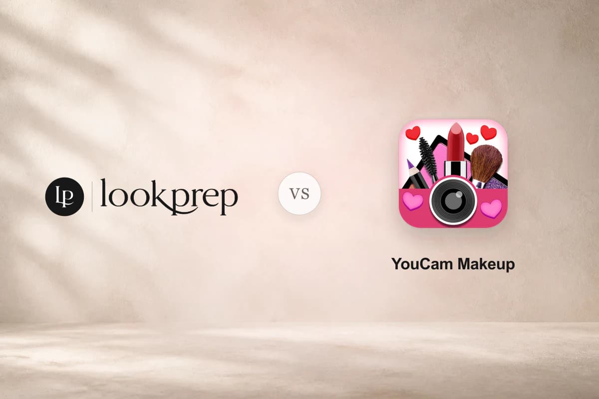 The official LookPrep lockup, a VS marker, and the official YouCam Makeup app icon with its name on a softly lit neutral editorial background