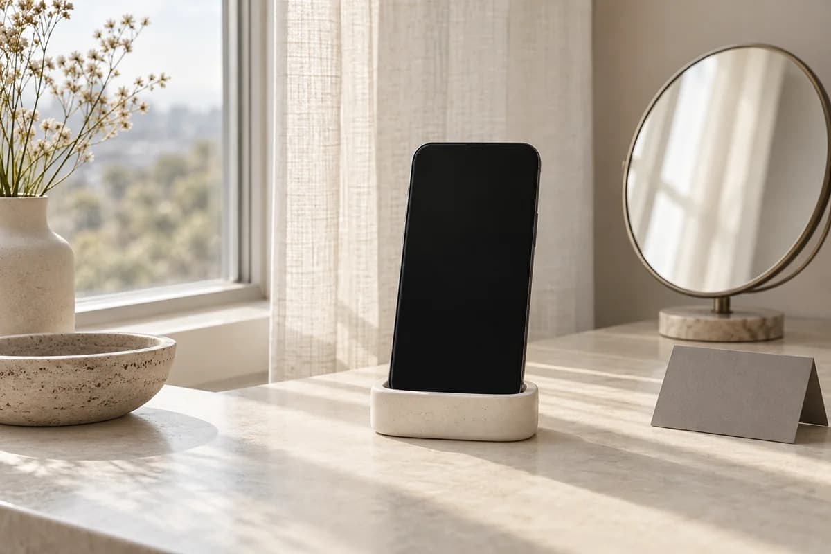 A phone in a ceramic stand beside a window, a round mirror and a neutral grey card