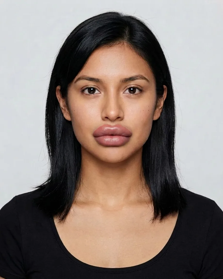 Young Mexican brunette with Heart-shaped lips, illustrative interpretation at 3.0 mL