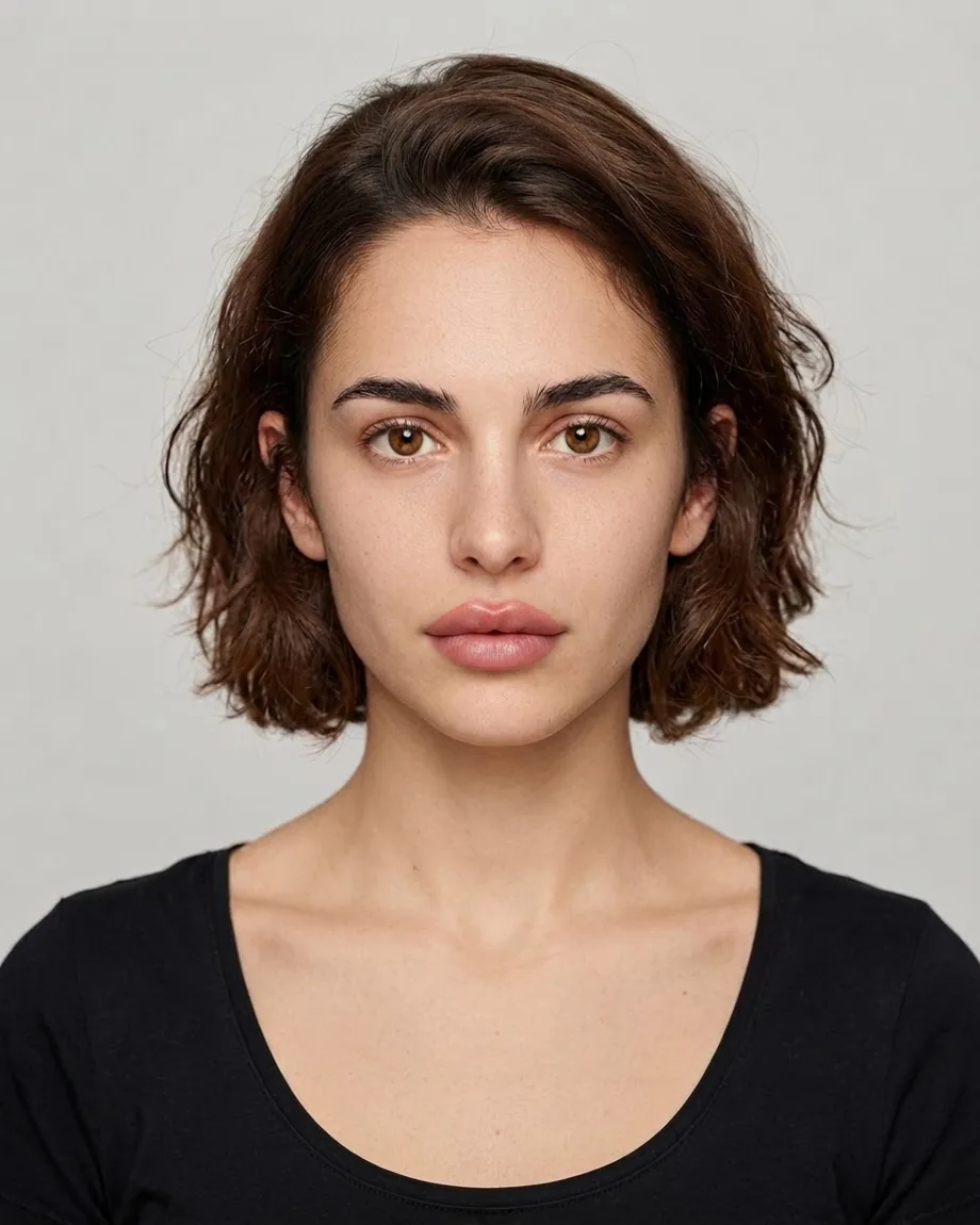 Young Spanish brunette with Doll lips, illustrative interpretation at 0.5 mL