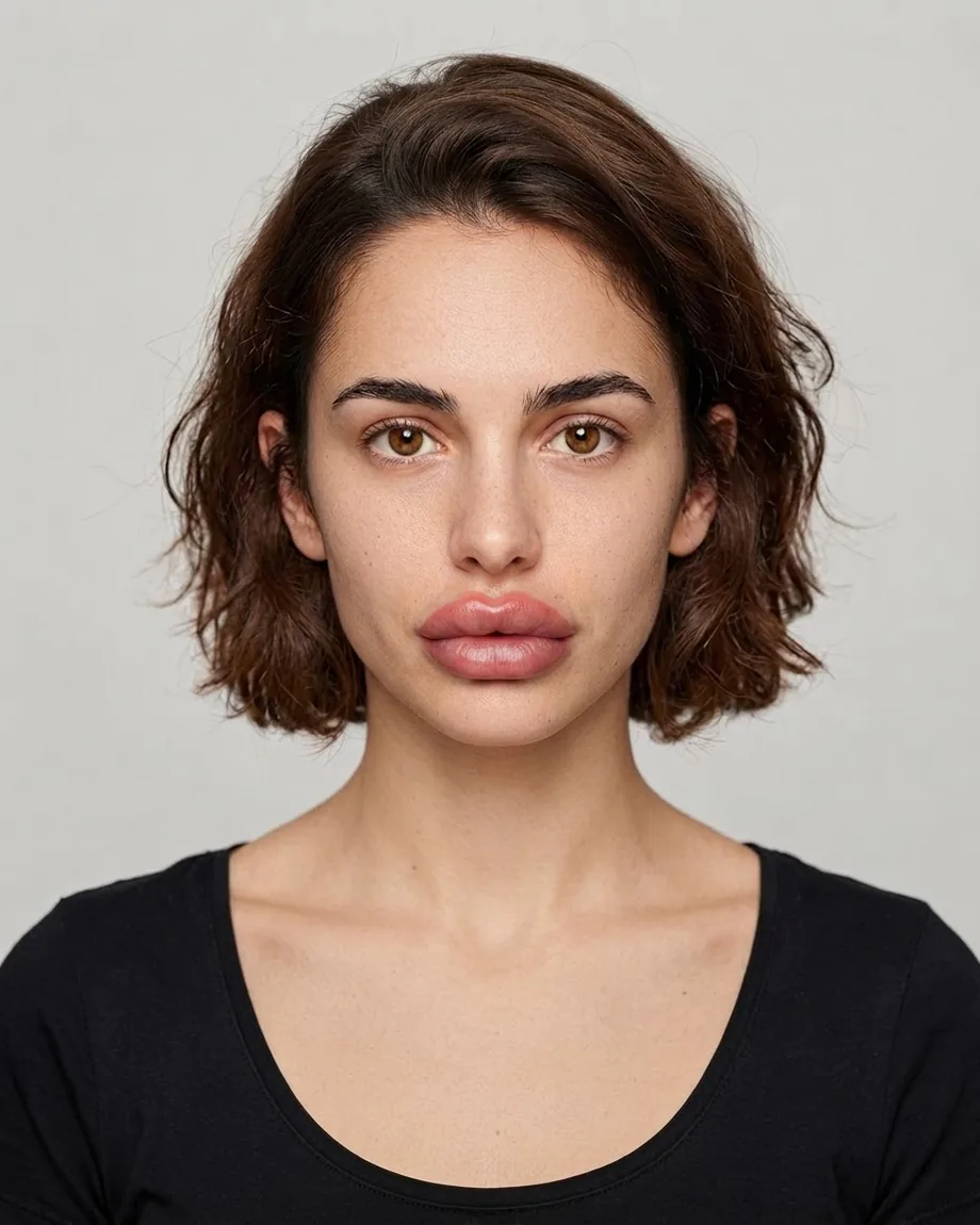 Young Spanish brunette with Doll lips, illustrative interpretation at 3.0 mL