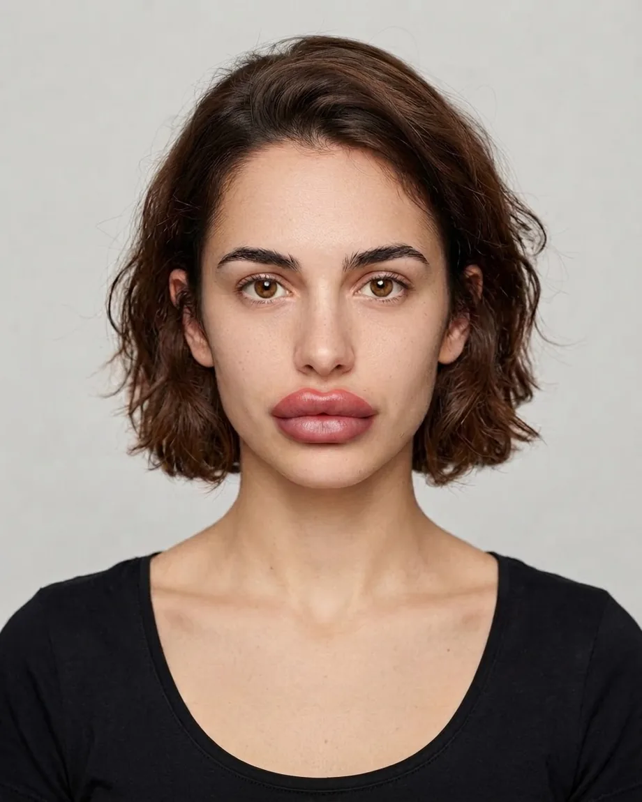 Young Spanish brunette with Heart-shaped lips, illustrative interpretation at 2.0 mL