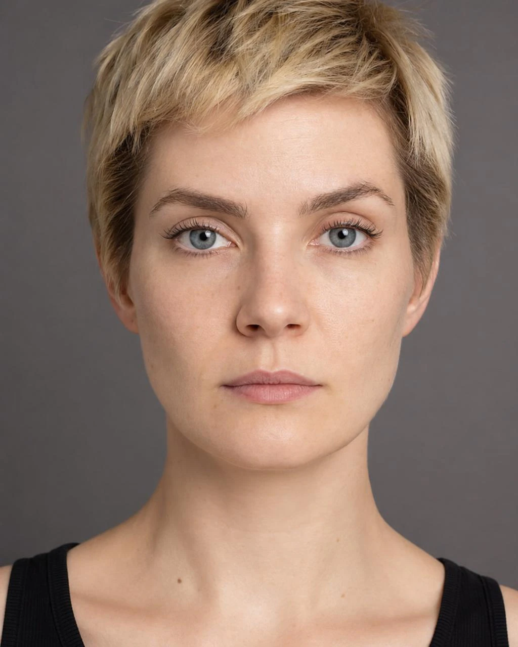 Blonde pixie before, slim lips